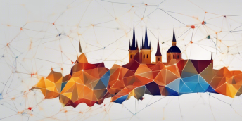 Ilustraci vygenerovala Stable Diffusion s použitím promptu „neural network in the shape of Czech Republic, polygonal art, abstract“